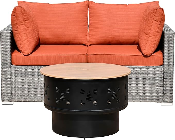 HOOOWOOO 3-Piece Outdoor Wicker Patio Furniture Set, Modular Sectional Sofa with Cushions and Fire Pit Table, All-Weather Rattan Garden Seating for Patio, Porch, or Balcony (Orange Red)