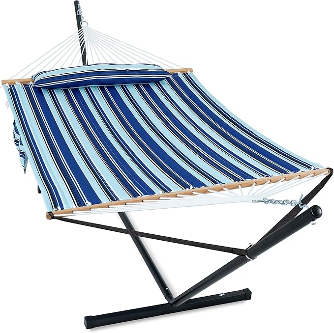 2 Person Hammock with Stand for Outside, Heavy Duty Steel Stand, Double 55inch Hammocks, Large Removable Pillow, Storage Bags, Max 475 lbs Capacity (Pacific Stripe Blue)