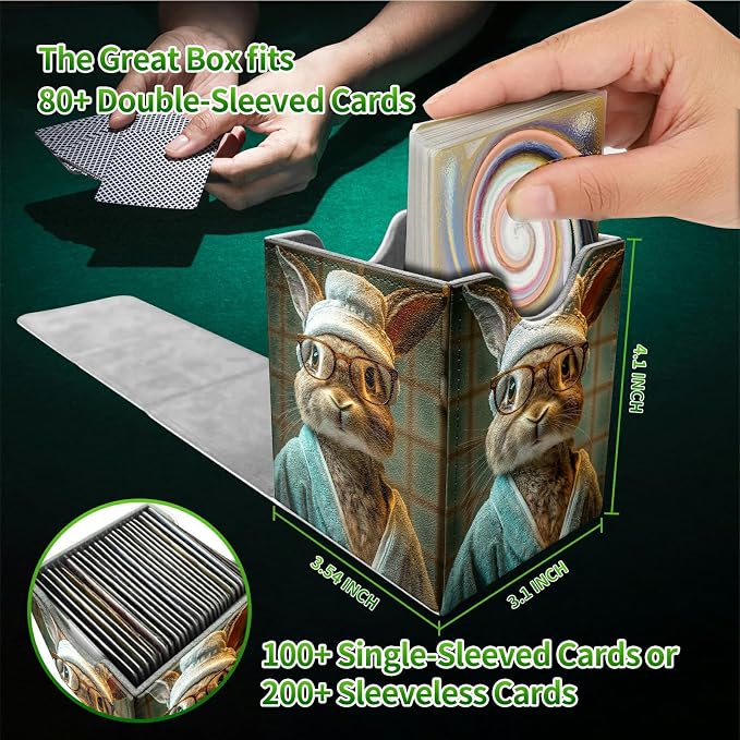 Glasses Rabbit Card Deck Box for MTG, Personalized Card Storage Case Fits 120+ Sleeved Cards, Premium Leather TCG Box with Strong Magnetic Closure for Magic, CCG, PTCG, Baseball Cards