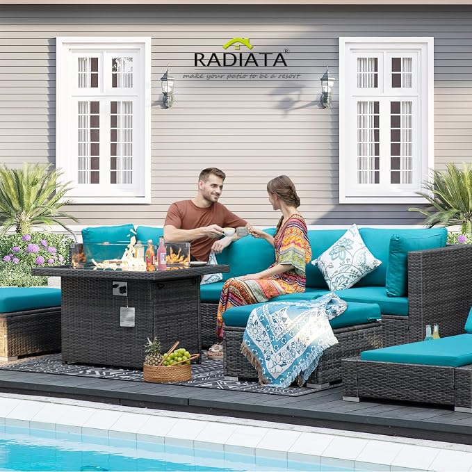 RADIATA 9 Piece Wicker Patio Furniture Set with Fire Pit, All-Weather Outdoor Sectional Couch High Back Large Size, Modular Backyard Seating Sofa Set with Propane/Natural Gas Firepit Table, Grey&Teal