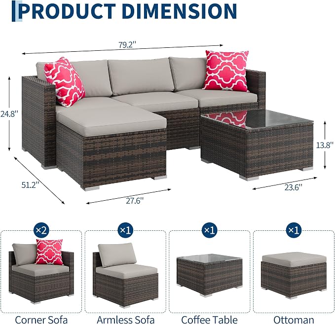 5-Piece Outdoor Sectional Sofa Set, All-Weather PE Rattan Patio Furniture with Ottoman & Tempered Glass Table, Convertible Garden Couch for Backyard, Porch, Poolside (Brown/Light Gray)