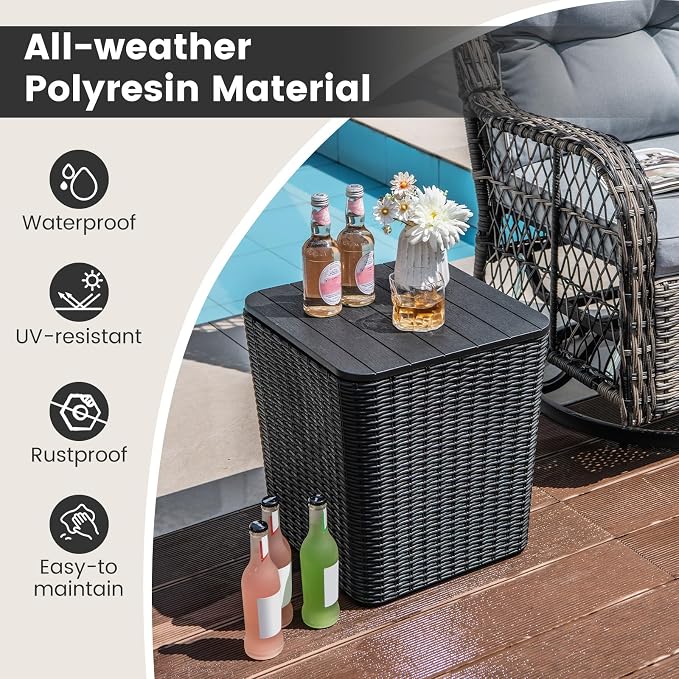 Giantex 11.5 Gallon Deck Box, Outdoor Side Table with Removable Lid, Faux Wicker-Woven, 330Lbs Capacity, Outside Waterproof Storage Box, Resin Rattan Small Coffee Table for Patio Poolside (Black)