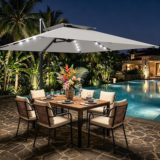 AreShark 10×10FT Solar LED Cantilever Umbrella with Base Included, Double-Top Outdoor Patio Offset with 360 Degree Rotation, Round Offset Hanging Umbrella for Garden Deck Pool, Light Grey