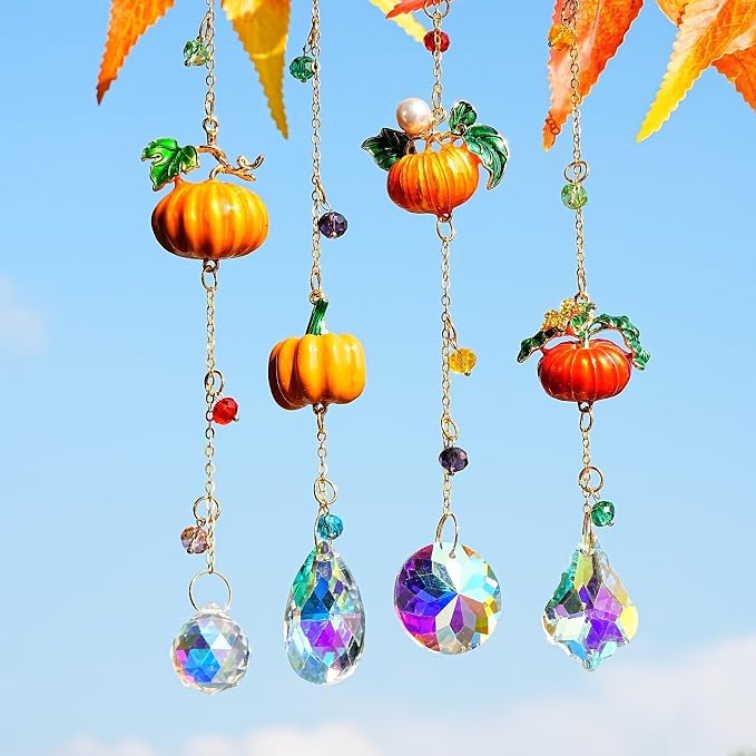 4pcs Fall Pumpkin Suncatchers Crystals Sun Catchers Indoor Window Hanging | Thanksgiving Christmas Tree Decoration for Farmhouse Harvest Autumn Home Party Decor,halloween decorations,gift for women mom