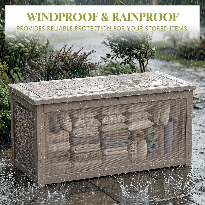 Waterproof Outdoor Storage Box Outside Deck Box Lockable Resin Bench UV Resistant Furniture Cushion Pool Tool Float Bin Patio Garden Porch (Grey, 320 Gallon)