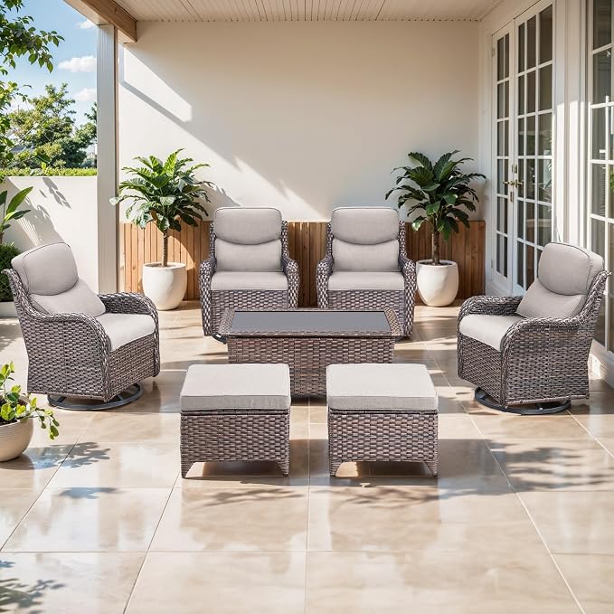 Outdoor Swivel Rocker Patio Chairs Set of 4 with Ottoman Coffee Table - 5" Thick Cushion 7 Piece Furniture Set All Weather Comfortable Wicker Conversation Set for Porch Deck - Brown/Beige