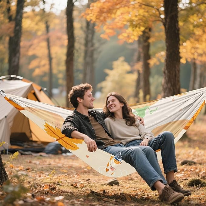 FRMG Thanksgiving Autumn Fall Pumpkin Coffee Leaves Yellow Hammock 500 lbs Capacity Portable Hammocks with Tree Straps & Attached Carry Bag, Camping Essentials Gear, A2304600a