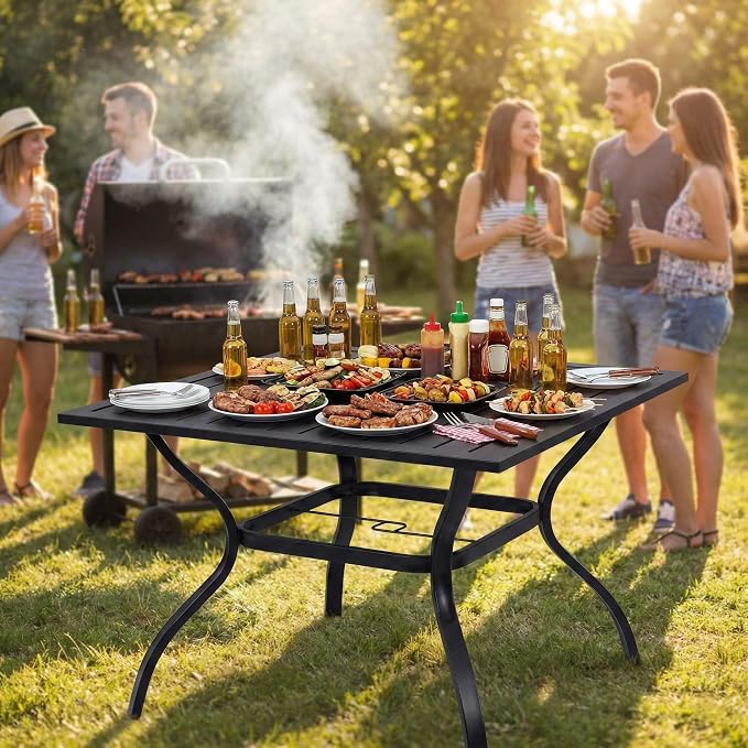 Majnesvon 37" Outdoor Dining Table, Square Patio Table with Umbrella Hole, Metal Steel Slat Outdoor Table, All-Weather Steel Patio Dining Table, for Lawn, Garden, Backyard, Bistro, Black