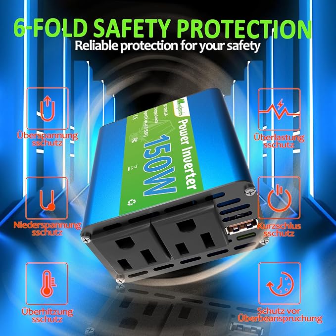 150W Power Inverter - Converter Vehicle Adapter Plug Outlet 12v to 110v, Car Plug Adapter 300W Peak with 2 AC Outlets, for Vehicles, Cigarette Lighter Outlet for Phone/Laptop