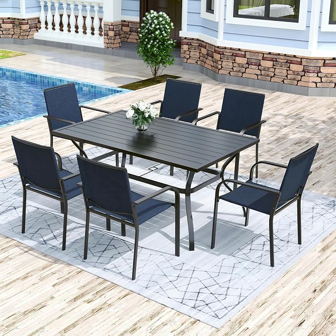 Anmutig Outdoor Rectangle Dining Table 6-Person with 1.57" Umbrella Hole Metal Steel Backyard Bistro Table for Garden, Poolside, Backyard, Black
