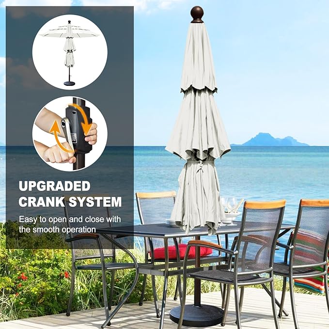 Eurmax USA 10-Year-Non-Fading 10FT 3-Tier Outdoor Patio Market Umbrella,UPF50+ UV Resistant,Heavy Duty Commercial Grade,Crank Lift Design,Windproof Vented Top for Garden,Pool,Deck,Natural