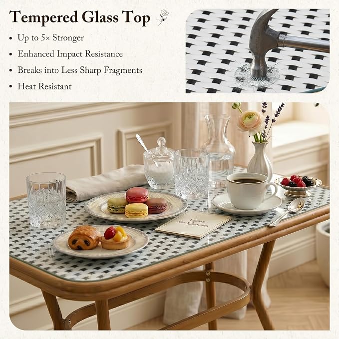 PURPLE LEAF 5-Piece French Bistro Dining Set Rectangle Outdoor Patio Table and 4 Armless Chairs Tempered Glass Top PE Rattan Bamboo Print Finish Aluminum Frame White
