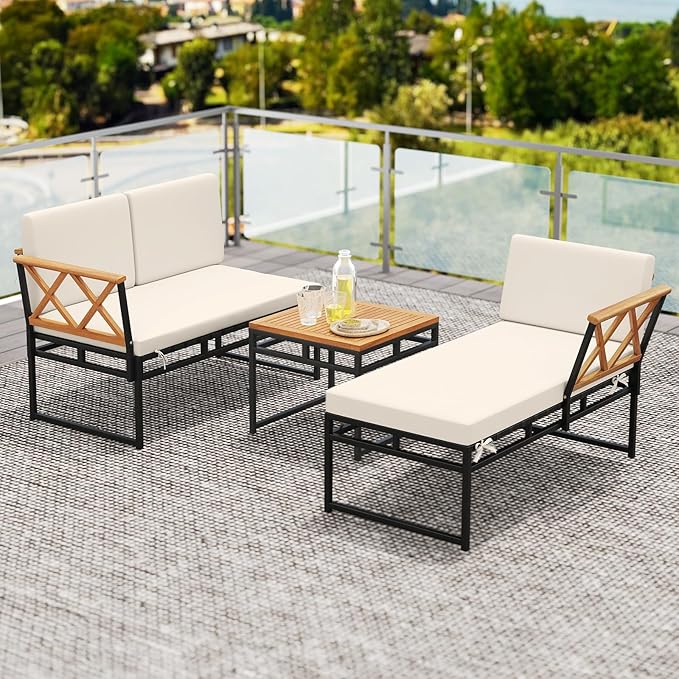 Tangkula 3 Pieces L-Shaped Outdoor Furniture Set, Acacia Wood Patio Sectional Cushioned Conversation Sofa with Square Coffee Table, for Porch, Backyard & Poolside (Beige)
