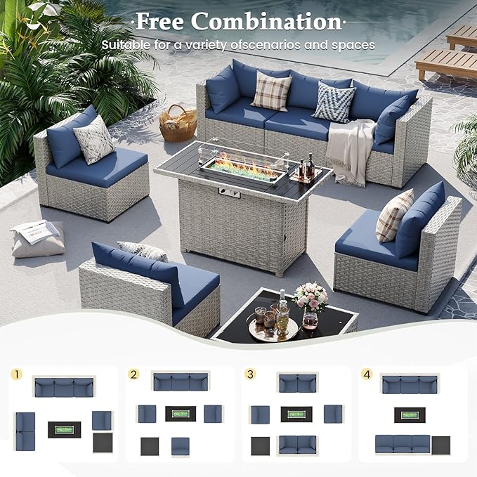 UDPATIO Patio Furniture Set with Fire Pit Table, 8 Pieces Outdoor Sectional Sofa, PE Wicker Patio Conversation Set for Garden, Backyard Blue