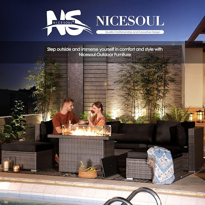 NICESOUL 11 Piece Outdoor Furniture Set w/Fireplace, Luxury Patio Sectional, Chill 29.3'' High-Back Backyard Seating Area, All-Weather Rattan Couch Set, Modular Sofa for Outside, Deck, Grey & Black