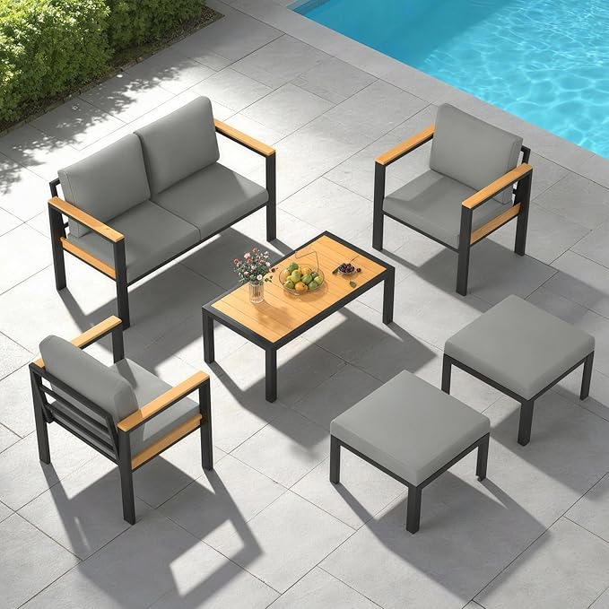 HOMREST Aluminum Patio Furniture Set with Coffee Table, 6 Seat Oversized Outdoor Sectional with Washable Thick Cushions, Patio Conversation Set with Special Wide Armrest and Deep Seat, Gray