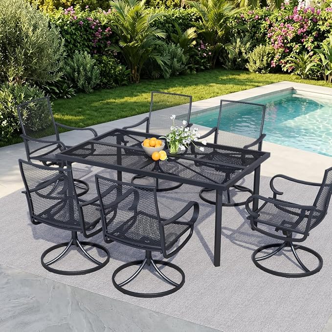 Outdoor Patio Dinning Table for 6, Rectangular Metal Steel Patio Outdoors Tables with Umbrella Hole All Weather-Resistant for Lawn Backyard Garden, Porch