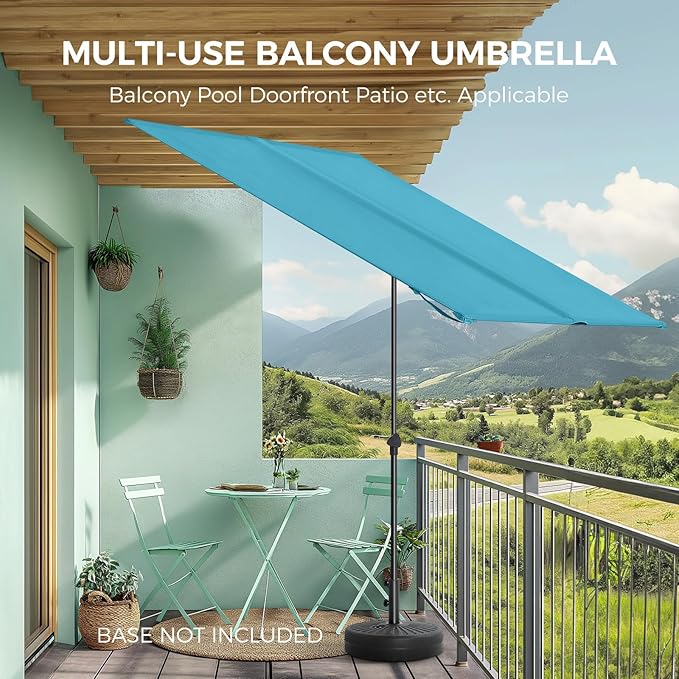 HOMSHADE 6x4ft Outdoor Balcony Umbrella - Flat Porch Pool Patio Umbrella Rectangular Canopy Shade UPF50+ UV Protection 360° Rotating & Tilting All Angles Applicable (Light Blue, No Base)