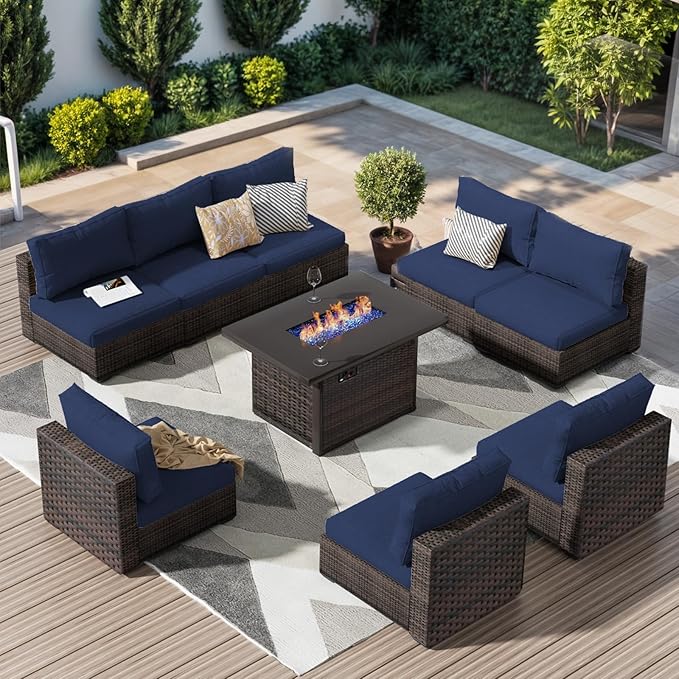 Patio Furniture Set with Fire Pit Table, Outdoor Sectional Rattan Sofa Set, Patio Set Seating Furniture with Thickened Cushions (Blue, 9 Pieces)