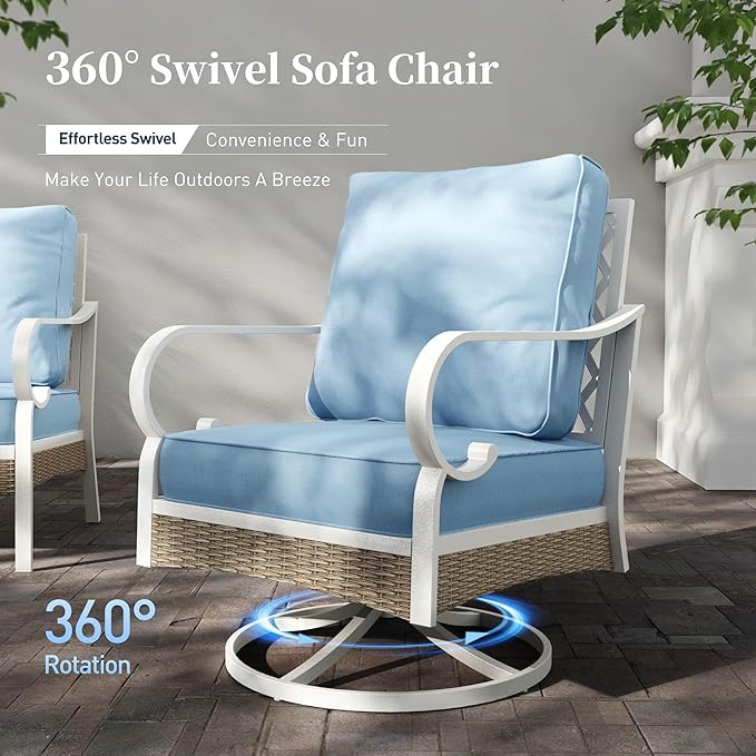 4 Piece Metal Outdoor Patio Furniture Set, Patio Conversation Sets with 3-Seater Sofa, 2 Swivel Chairs and Coffee Table, White Frame Outdoor Seating Furniture for Bavkyard, Blue
