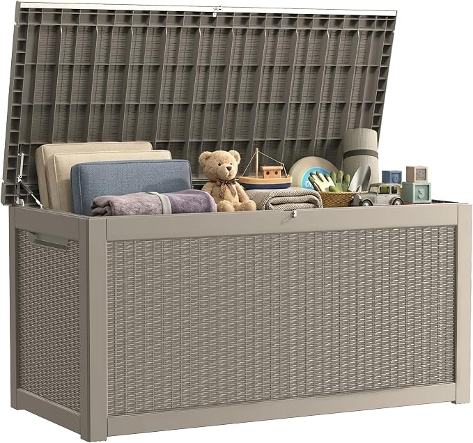 TARKARI 320 Gallon Outdoor Storage Box Waterproof, Resin Deck Boxes with Lockable Lid & UV-Resistant for Patio, Pool, Garden Furniture Cushions & Accessories, Coffee