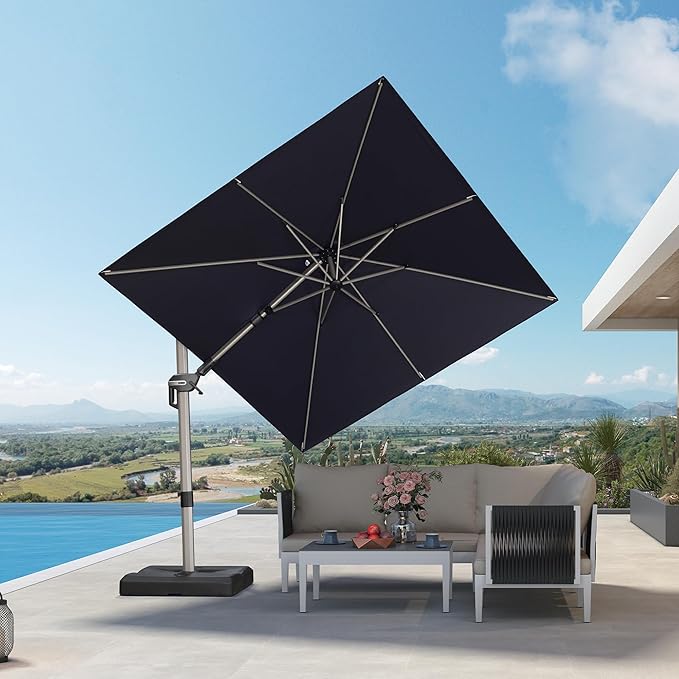 PURPLE LEAF 8' X 8' Left-right Tilting Patio Umbrella Outdoor Swivel Cantilever Umbrella Aluminum Offset Umbrella with Champagne Frame and 360-degree Rotation for Garden Deck Pool, Navy Blue