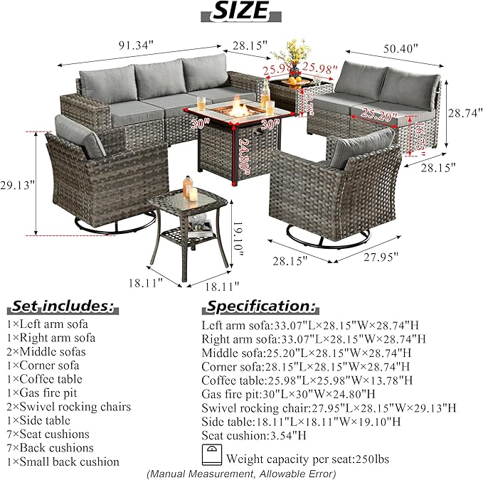 HOOOWOOO Outdoor Patio Sectional Furniture Sofa Set with Fire Pit Table,10 Piece Modern Wicker Couch with Swivel Chairs,Modular Conversation Seating Set with Widened Armrest for Garden(Dark Grey)