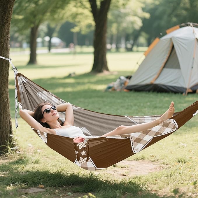 Cartoon Checkered Plaid Star Brown 330lb Capacity Hammocks for Camping Rope Hammock for Outside Patio Garden hamaca para Camping 0 a 24 Meses