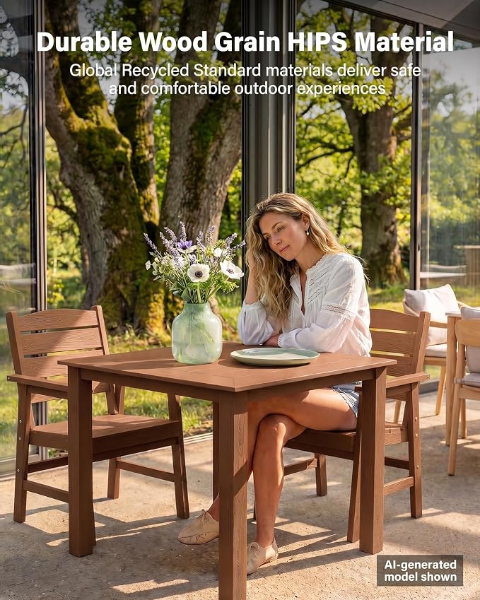 YEFU HIPS Patio Dining Sets:3-Piece All-Weather Outdoor Dining Table and Chairs Square Dining Table Set for 2 - Easy Assembly Outdoor Furniture Set for Lawn Deck Backyard Poolside（Teak）