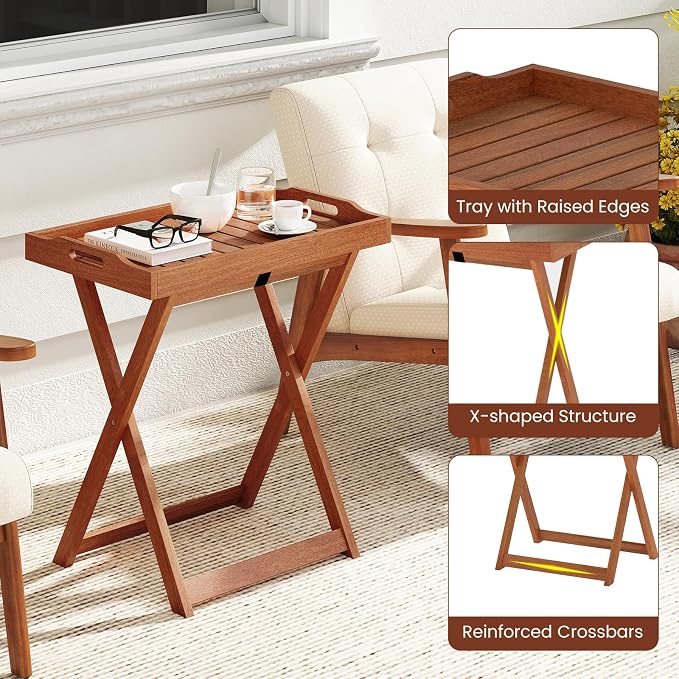 Giantex Outdoor Side Table, Wooden Folding Table with Removable Tray Top, Food Serving Tray with Stand for Patio, Porch, Garden, Backyard & Poolside