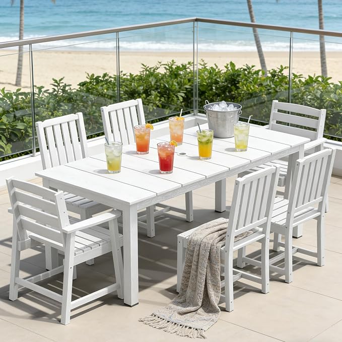 PLUUV 7-Piece Outdoor Patio Dining Set, All-Weather HDPE Dining Furniture Set with Umbrella Hole Cut-Out Table, Aluminum Table Legs, and 6 Chairs, Waterproof & Easy Clean for Backyard, Garden, White