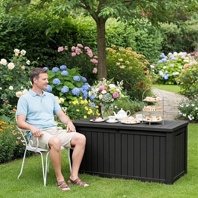 150 Gallon Deck Box Outdoor, Waterproof Outdoor Storage Boxes with Lids, Outside Resin Lockable Storage Box for Patio Cushions, Garden Tools(Black)