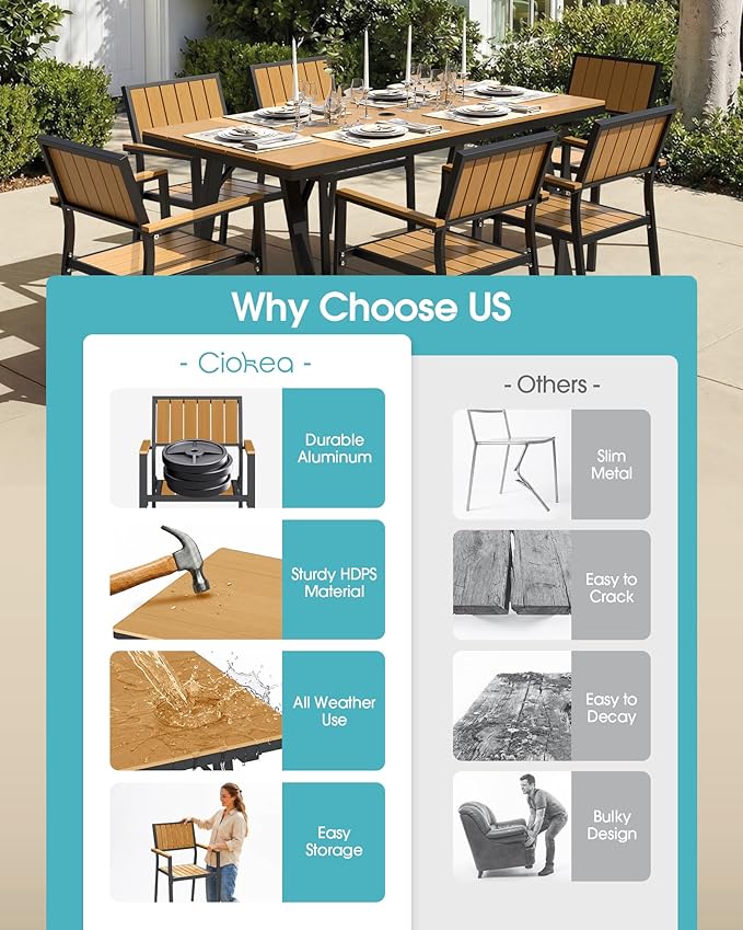 Ciokea Aluminum Outdoor Dining Sets for 4, Patio Table and Stackable Chairs Set with Umbrella Hole, All-Weather HDPS Durable Furniture for Backyard, Poolside, Lawn & Garden | 5-Piece, Teak