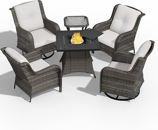 6 Pcs Patio Furniture Set with Fire Table-31'' Fire Pit Table, 1 Side Table, 4 Outdoor Rattan Wicker Conversation Chairs (2 Fixed & 2 Swivel) （Beige）