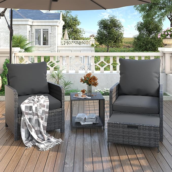 UDPATIO Wicker Patio Chairs with Ottoman Balcony Furniture 5 Pieces Patio Conversation Set with Pull Out Ottoman for Small Space