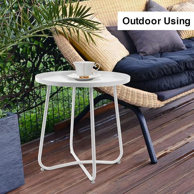Babion White Outdoor Side Table, Small Round Patio Accent Table for Yard Garden, Indoor & Outdoor