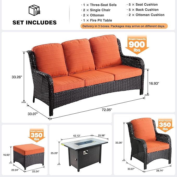ovios 6-Pieces Patio Furniture Set with 42 Inch Fire Pit Table, Outdoor Wicker Sofa Couch Ottomans Comfy Cushions, High Back Modern Conversation Set, Brown Rattan, Orange Red