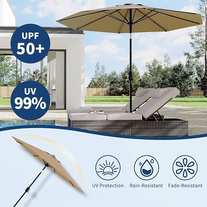 IDEALHOUSE 9Ft Outdoor Patio Umbrella, 8 Sturdy Ribs Table Umbrella With Crank Lift & Push Button Tilt, Market Umbrella UV Protection Waterproof for Garden, Deck, Backyard, Pool