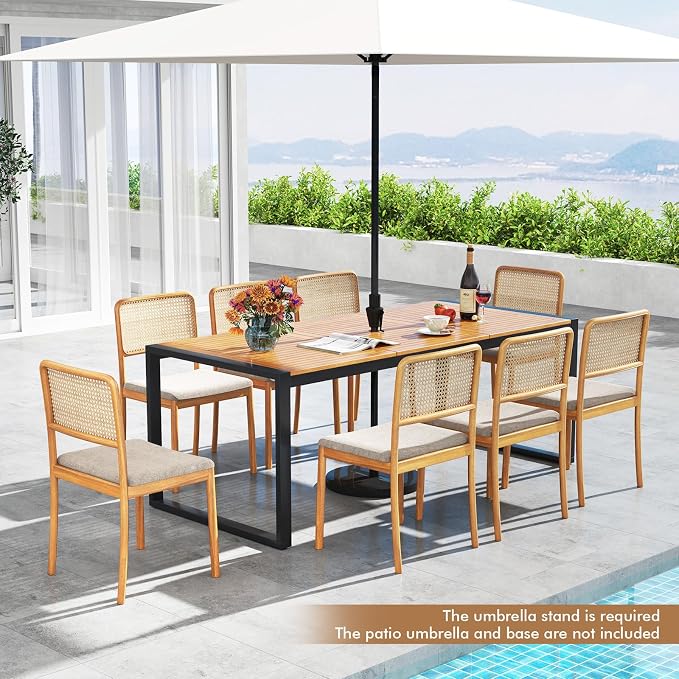 RELAX4LIFE Patio Outdoor Dining Table for 8, 79’’ x 35.5’’ Acacia Wood Rectangular Table w/2’’ Umbrella Hole, Slatted Top & Metal Legs, Indoor Outdoor Picnic Bistro Table, 8-Person Patio Dining Table