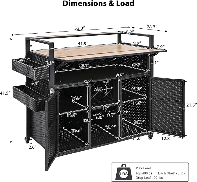 52.8" W Wicker Outdoor Grill Cart with Extended Plastic Wood Table Top, Rolling Kitchen Island on Wheels, Ample Storage, and Double Handle Design – Perfect for Patio, Backyard, and Poolside