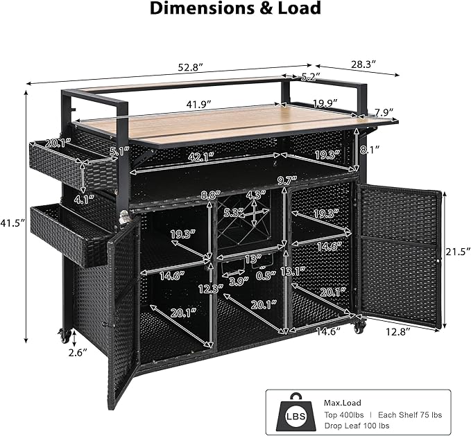 RUNNA Wicker Outdoor Grill Cart with Extended Plastic Wood Table Top, Rolling Kitchen Island on Wheels with Storage Cabinet, for Patio Backyard Garden Poolside, Double Handle Design (Black Brown@047)