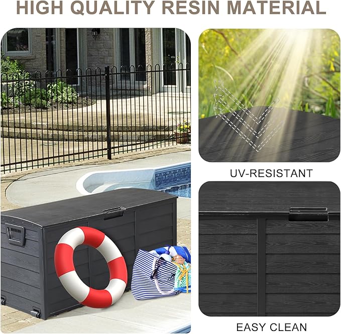 VINGLI 75 Gallon Outdoor Storage Box, Patio Deck Box Furniture with Rolling Wheels, Plastic Storage Containers with Lockable Design, For Garden, Yard, Balcony (All Black)