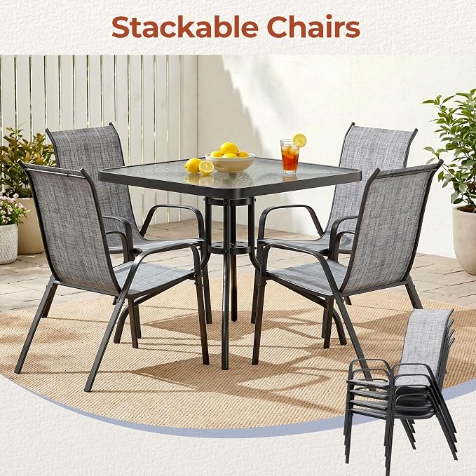 TLSUNNY Patio Dining Set 5 Pieces, All Weather Outdoor Furniture W/30"X 30" Table and 4 Stackable Textilene Chairs, Metal Table and Chairs for Lawn, Garden, Poolside, Backyard (Umbrella not Included)