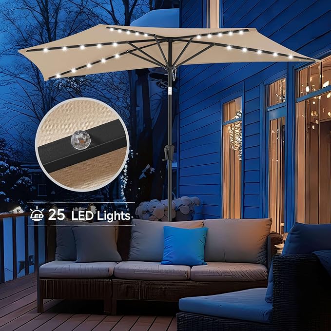 9FT Solar Half Umbrellas Outdoor - LED Half Patio Umbrella with 25 Lights, UV Protection Waterproof, Half Round Umbrella for Wall Balcony, Pool, Porch, Garden, Deck, Backyard, Beige