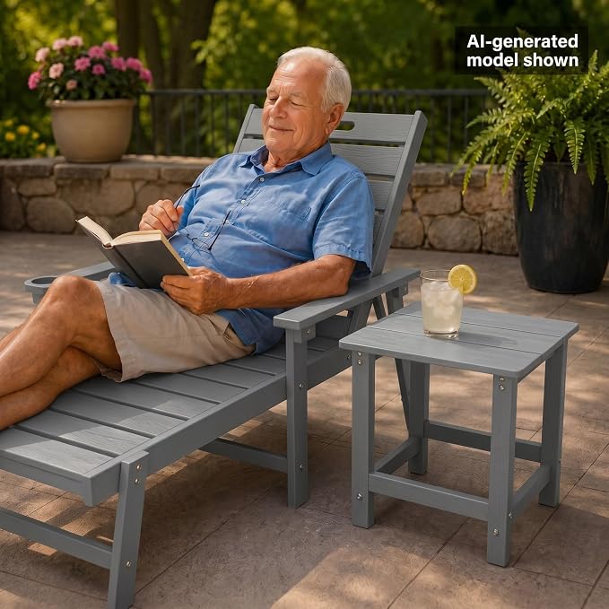 MXIMU Outdoor Side Table for Patio: Heavy-Duty Sturdy Warp Resistant Adirondack Table - Wood Grain Finish Outdoor End Tables - Easy Assembly & Low Maintenance Patio Side Table Grey