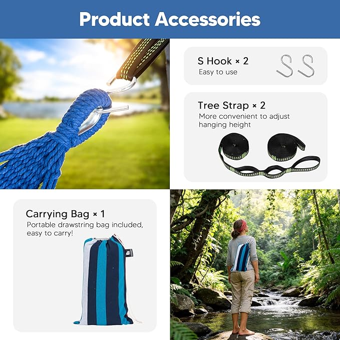 SUNCREAT Hammocks Outdoor Camping Double Hammock with Spreader Bar, Carrying Bag, Heavy Duty Travel Hammock, Blue & Red
