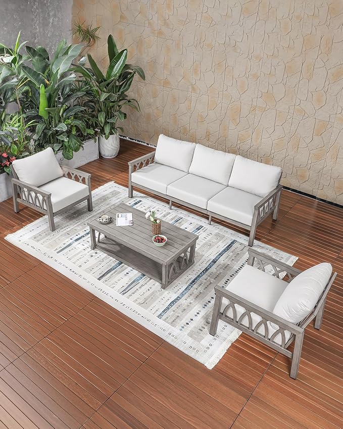 Aluminum Outdoor Patio Furniture Set, 4-Piece Outdoor Sofa Set with 3-Seat Sofa, 2 Armchairs & Coffee Table, Outdside Sofa Set Patio Conversation Set with Cushions for Deck, Balcony, Limed Oak
