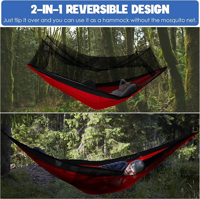 Gold Armour Camping Hammock - Camping Essentials, Double Hammock with Bug Net, Camping Gear Hammock for Outside, Hiking, and Travel (Red & Black)