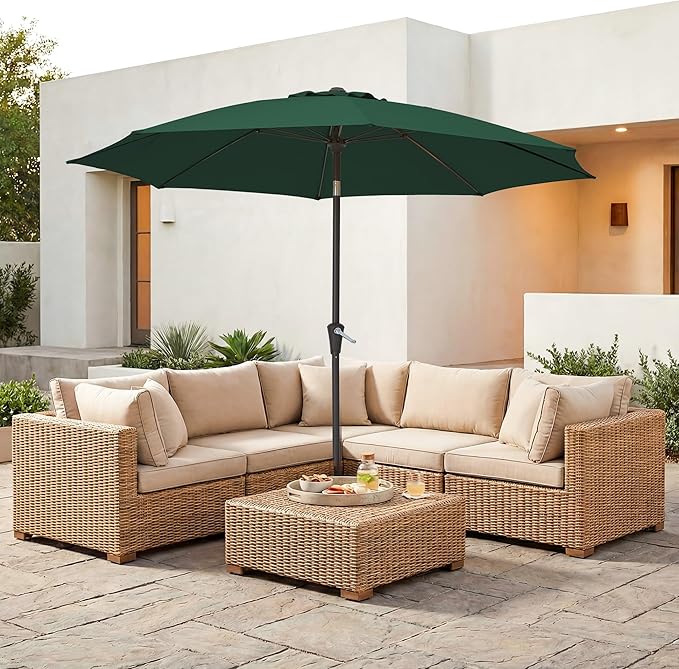 JEAREY 9FT Outdoor Patio Umbrella,Market Table Umbrella with 8 Fiberglass Ribs, Pool Umbrella with Tilt and Crank, UV Protection Lightweight & Wind-Resistant for Lawn, Garden, Deck and Backyard, Dark Green