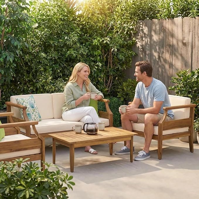 Patio Furniture Set-Single Chair, Outdoor Sectional Furniture with Armrests and Thick Washable Cushions, All-Weather Patio Conversation Set for Backyard, Garden and Poolside, Beige(Series E)